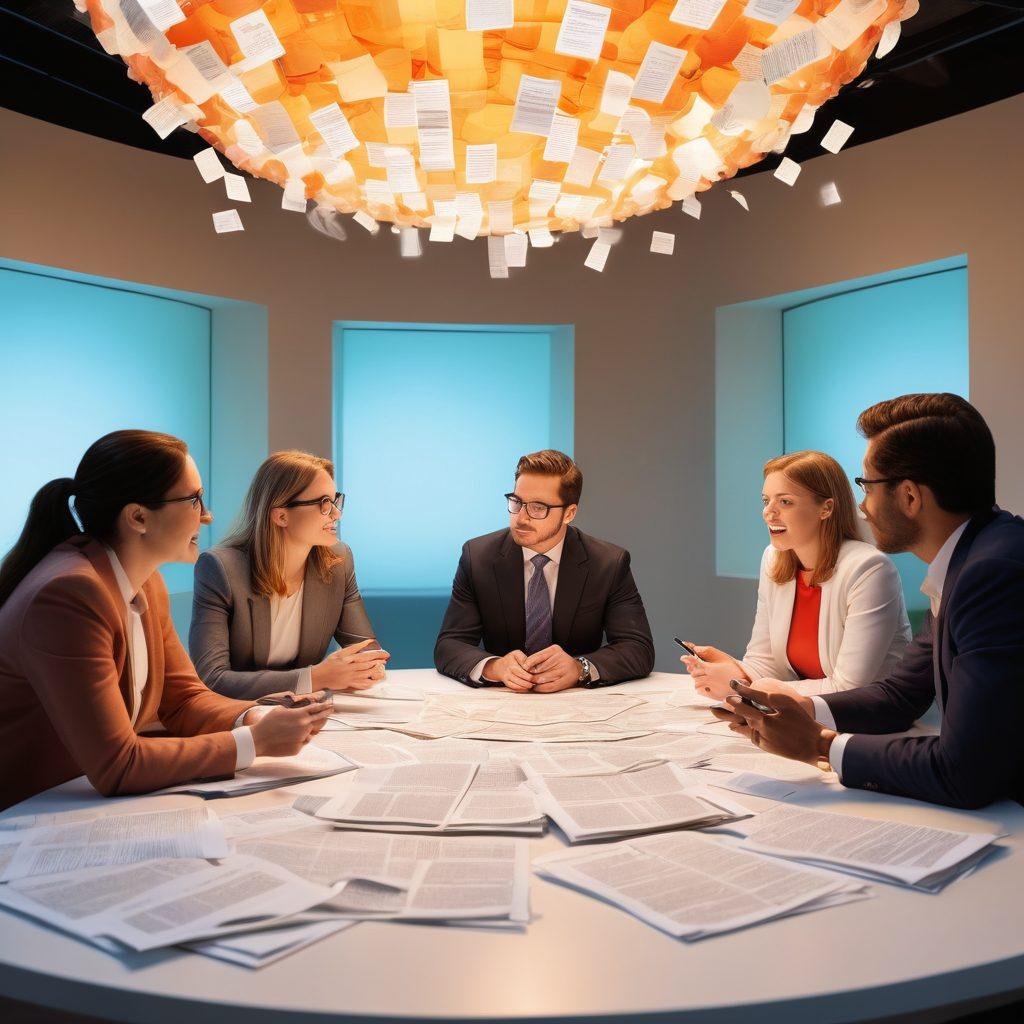A lively roundtable discussion scene with diverse individuals engaged in conversation, surrounded by stacks of insightful articles and editorial papers. A glowing globe in the center, symbolizing current events, with vibrant speech bubbles illustrating various topics. Warm, inviting lighting to create an engaging atmosphere. super-realistic. vibrant colors. white background.