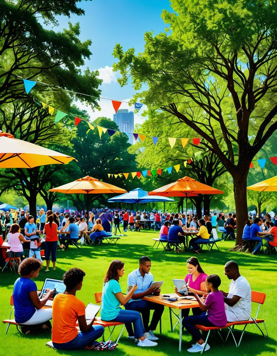 An engaged community gathering in a vibrant park, featuring diverse individuals sharing news on various digital devices, surrounded by colorful banners showcasing community events. Include visual elements like newspapers and smartphones, highlighting the exchange of information. The background should have a lively feel with greenery and families enjoying the day. super-realistic. bright colors. dynamic composition.