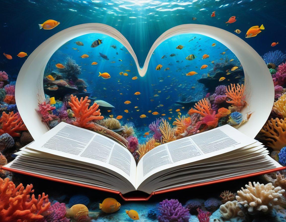 A conceptual illustration depicting an open book with newspaper headlines swirling around, transforming into a deep ocean of rich stories and narratives. A diver in the center represents exploration, with vibrant marine life symbolizing the depth of knowledge and insights within. This imagery conveys the journey beyond surface-level news to uncover significant stories. super-realistic. vibrant colors. white background.